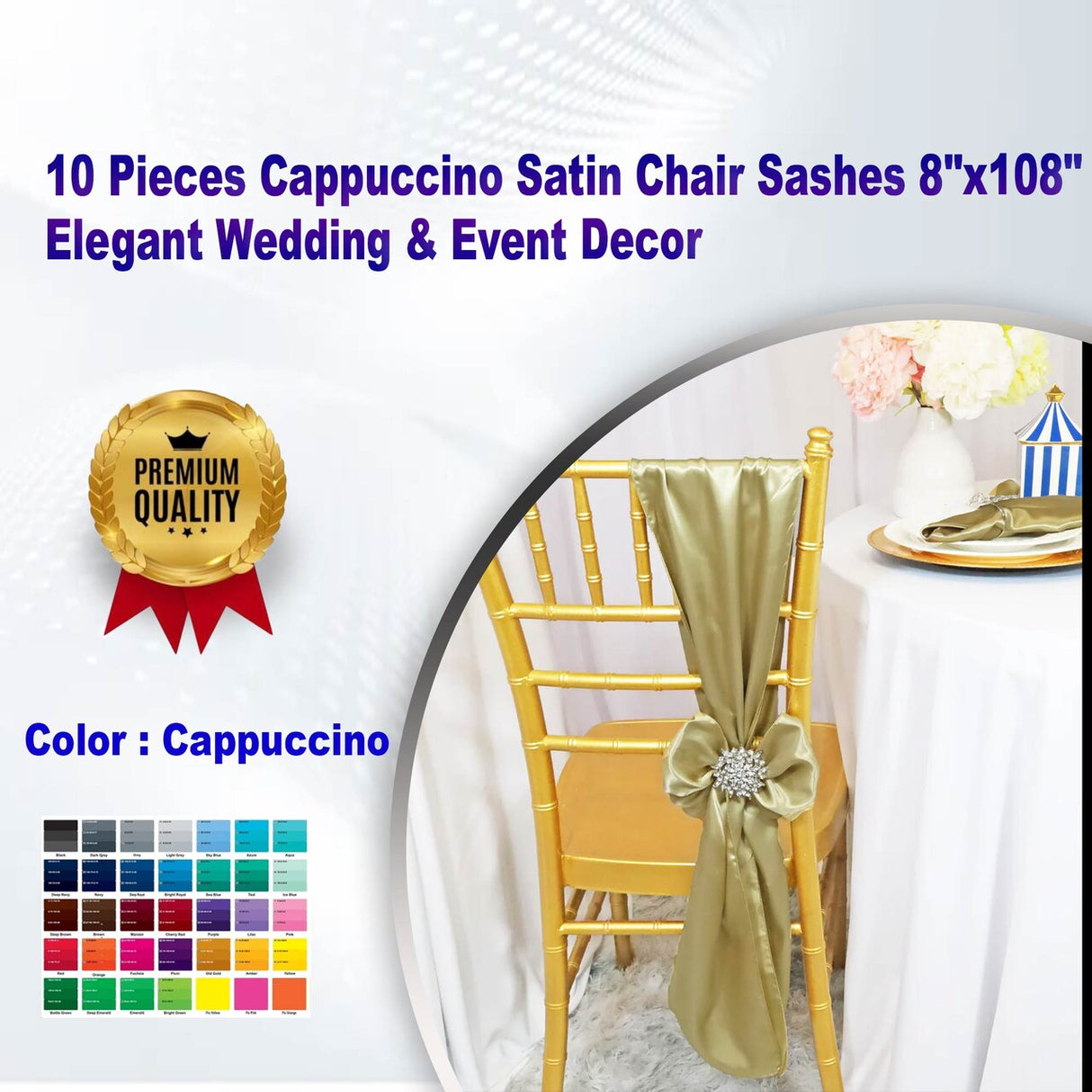 10 Pieces Cappuccino Satin Chair Sashes 8"x108" Elegant Wedding & Event Decor