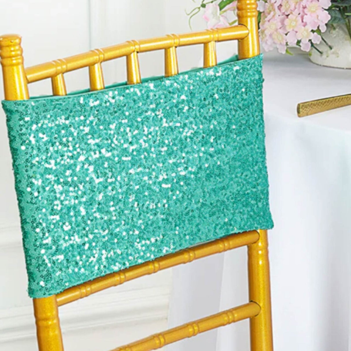 10 Pieces Sparkling Tiff Blue Or Aqua Blue Sequin Stretch Spandex Chair Bands 7 x 13 Inches