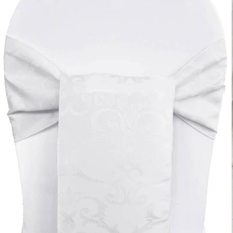 10 Pieces White Versailles Damask Jacquard Chair Sashes 7.5"x108" Elegant Polyester