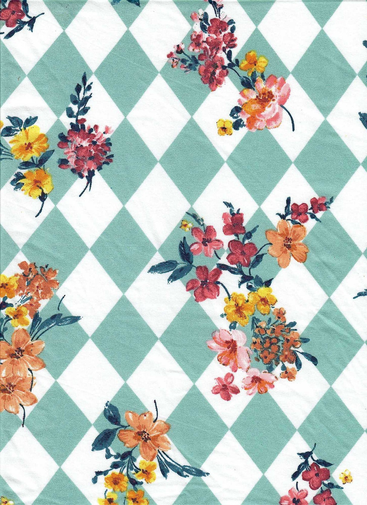 DTY Argyle Floral Knit Fabric, Sage Light Stretch Flower Print 58/60" Wide