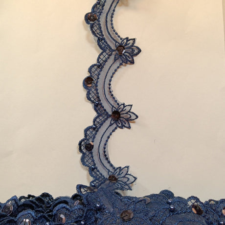 1 Yard Beaded Lace Trimming on Organza | 2.5" Wide | Elegant Embroidered Trim for Bridal, Evening & Dancewear