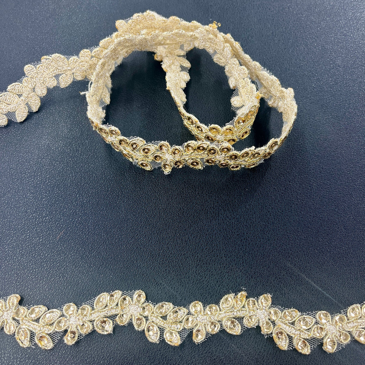 1 Yard Beaded & Corded Lace Trimming on Net Mesh | 1" Wide | Elegant Embroidered Trim for Bridal, Formal & Dancewear
