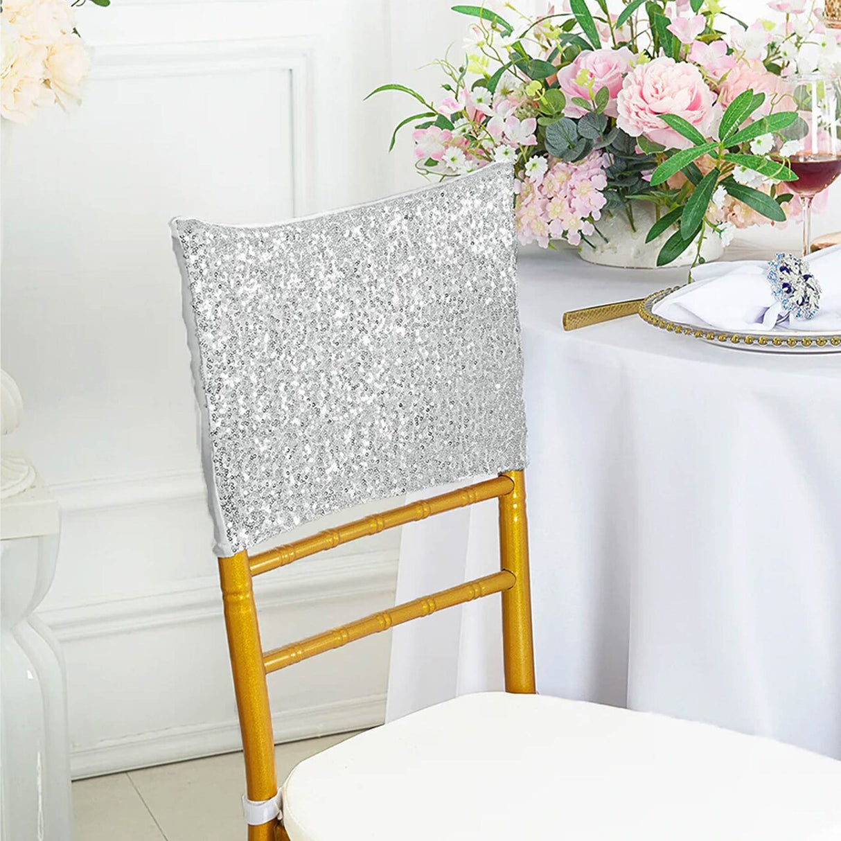 1 Piece Platinum Or Light Silver Sequin Spandex Chair Cap 13.5 inch by 10 inch Decor