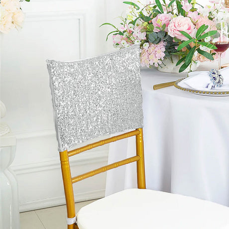1 Piece Platinum Or Light Silver Sequin Spandex Chair Cap 13.5 inch by 10 inch Decor