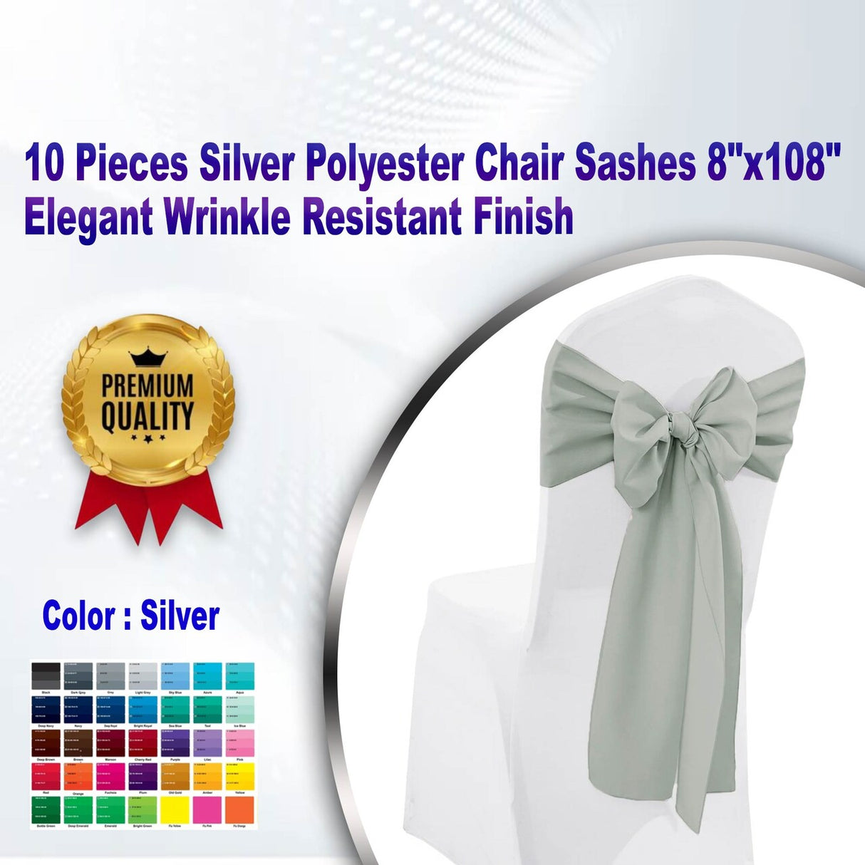 10 Pieces Silver Polyester Chair Sashes 8"x108" Elegant Wrinkle Resistant Finish