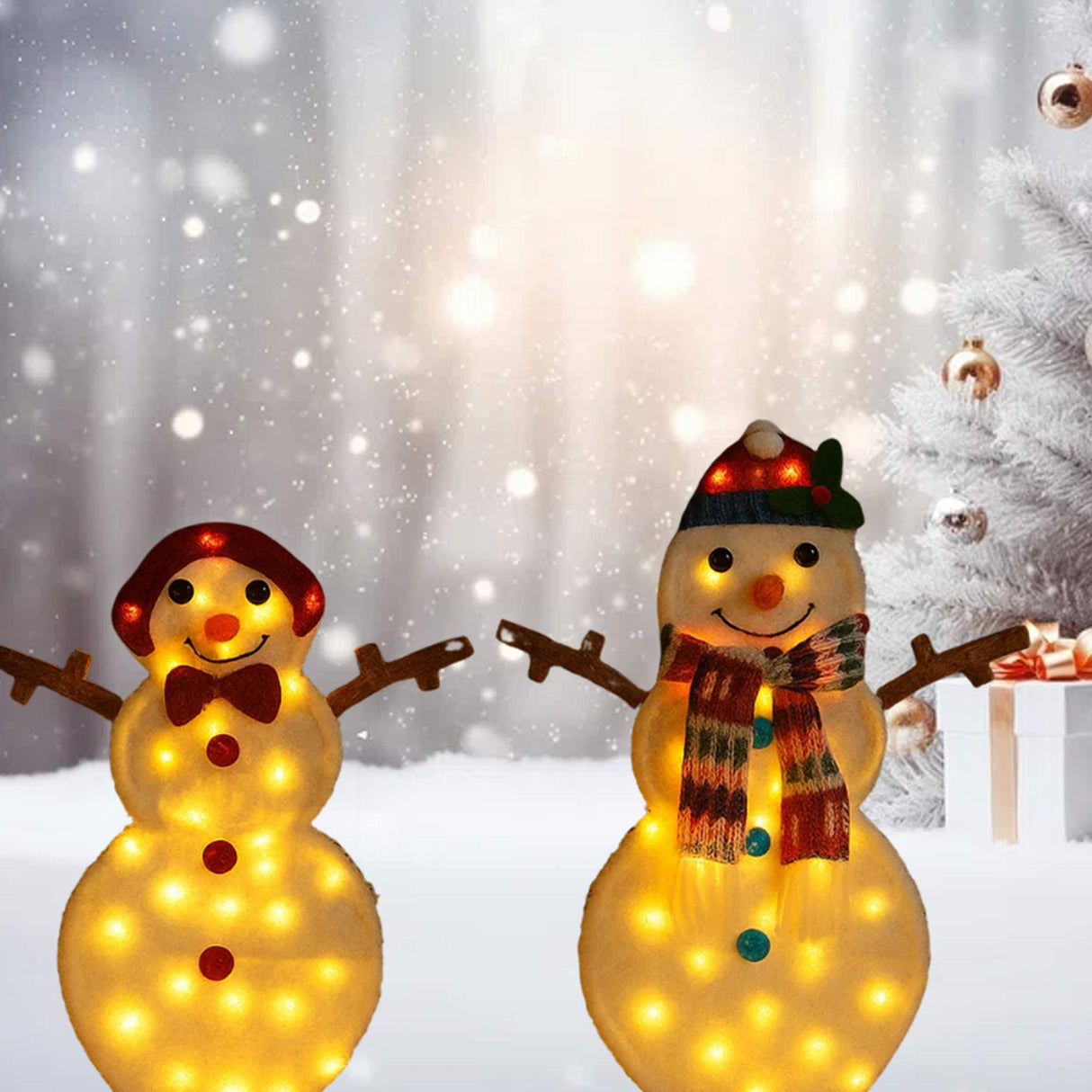 24 and 28 Inches Set of Two Light Up Snowmen Indoor Outdoor Decor