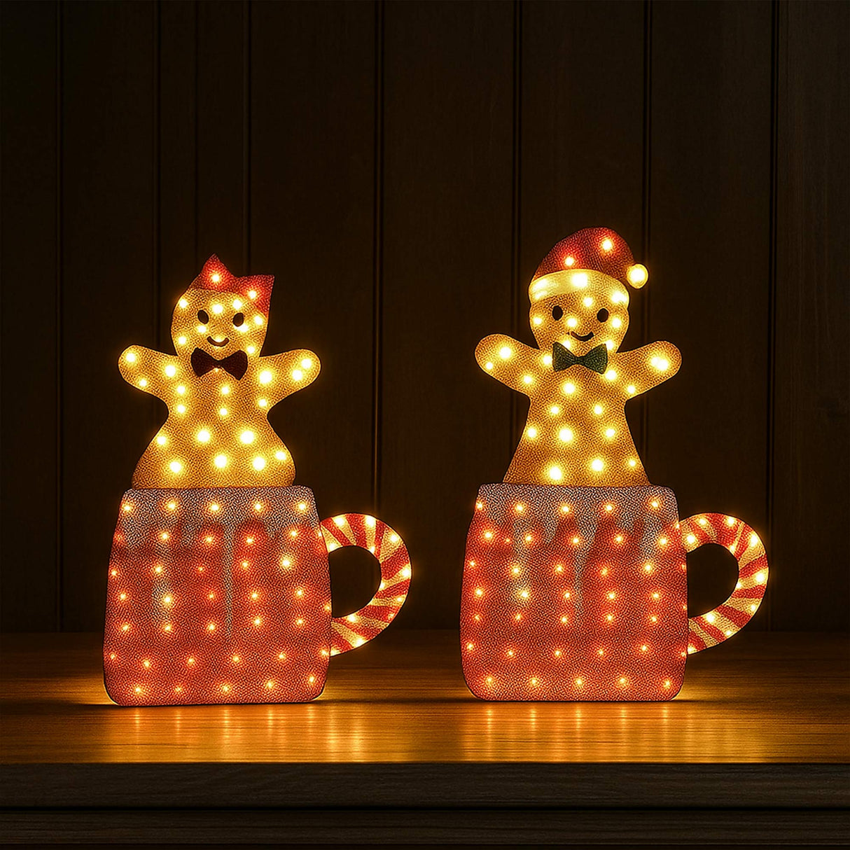 Set of Two Light Up Gingerbread Men in Holiday Mugs Christmas Decoration 40" & 42" Tall