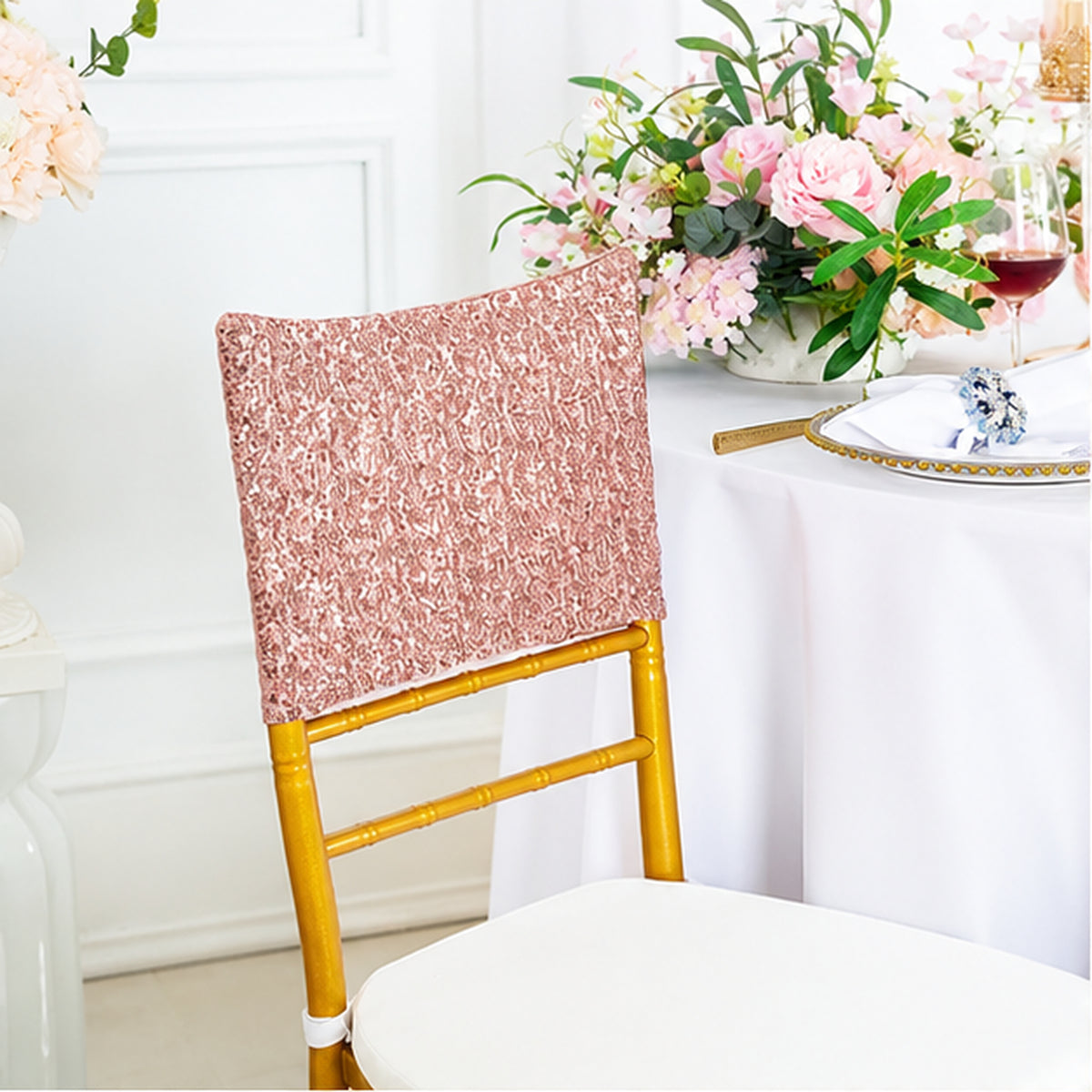 Blush Pink Rose Gold Sequin Spandex Chair Caps 220 GSM Stretch