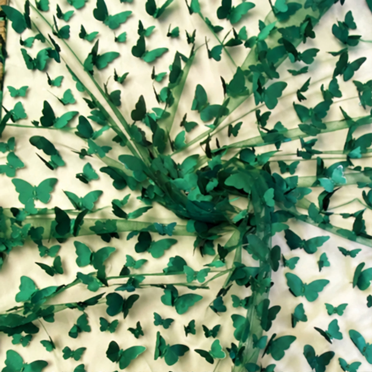 3D Butterflies Hunter Green Lace Fabric Embroidered by the Yard