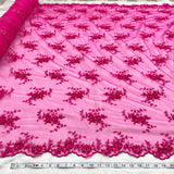 Fuchsia Beaded Lace Fabric Pearl Embroidered Polyester Net Mesh
