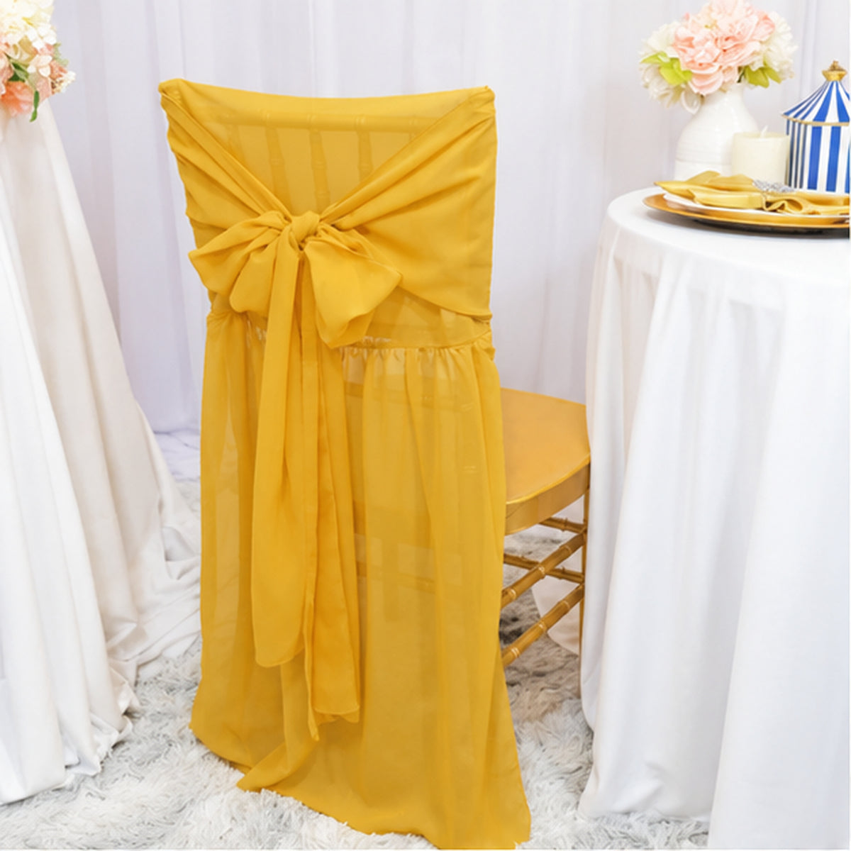 Gold Chiffon Chiavari Chair Cover With Sash Cascading Drape