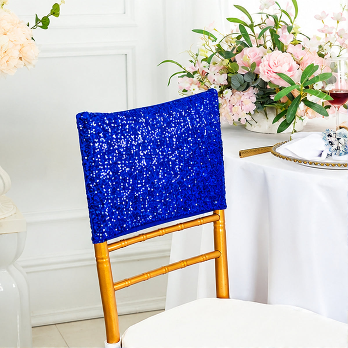 Royal Blue Sequin Spandex Chair Caps 220 GSM Shimmer Stretch