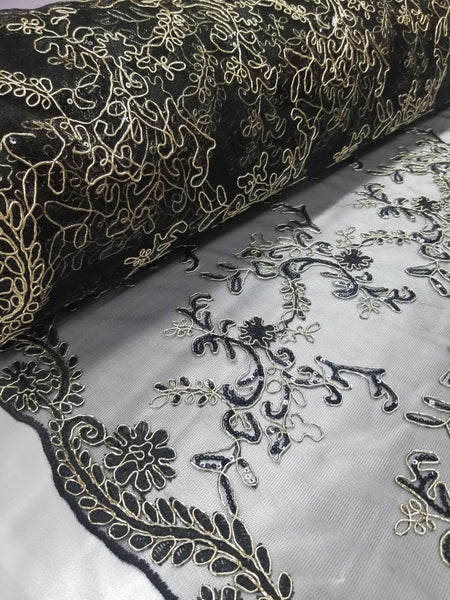 1 Yard Black Champagne Metallic Flowers Sequins Mesh Lace Fabric for Tablecloths and Costumes 54 Inch Width
