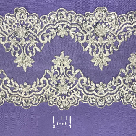 1 Yard Beaded Double Sided Lace Trimming Embroidered on 100% Polyester Net Mesh 6? Wide
