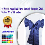 10 Pieces Navy Blue Floral Damask Jacquard Chair Sashes 7.5 x 108 Inches