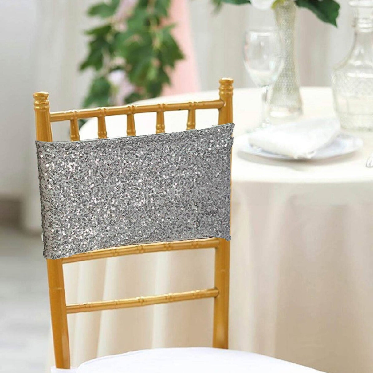 10 Pieces Shimmering Silver Sequin Stretch Spandex Chair Bands 7 x 13 Inches