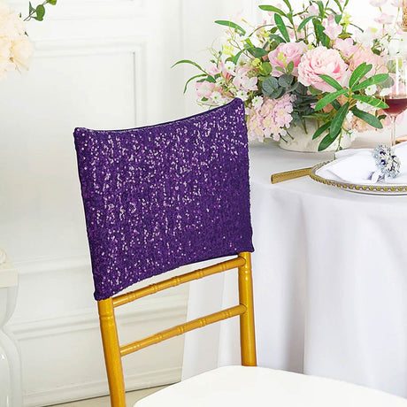 1 Piece Eggplant Purple Sequin Spandex Chair Cap 13.5 inch by 10 inch Wedding Decor