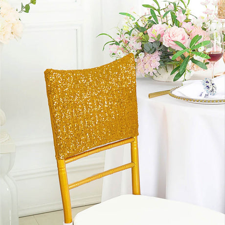 1 Piece Gold Sequin Spandex Chair Cap 13.5 inch by 10 inch Banquet Decor