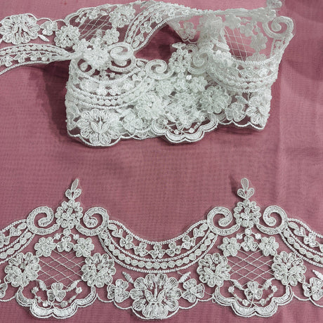 1 Yard 5? Wide Beaded & Corded Lace Trimming Embroidered on 100% Polyester Net Mesh
