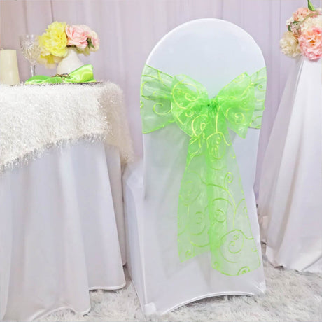 10 Pieces Apple Green Embroidered Sheer Organza Chair Sashes 8"x108" for Elegant Occasions