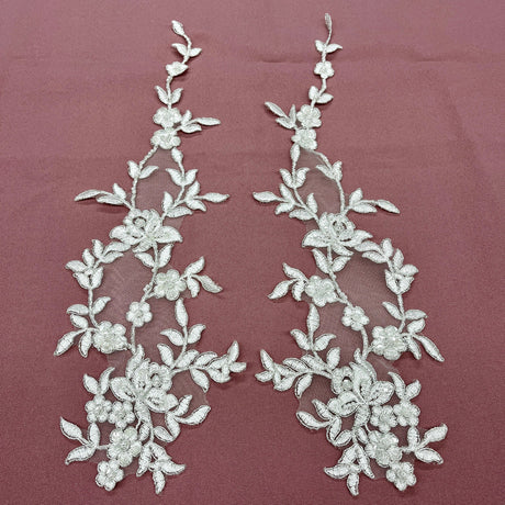 1 Yard Beaded and Corded Floral Lace Applique Net Mesh 17" x 4.5" Each Side