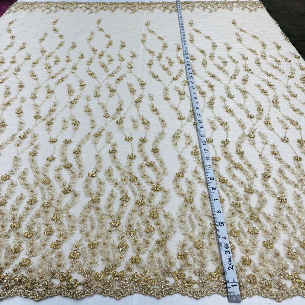 1 Yard Silver Beaded Lace Fabric Embroidered on Polyester Net Mesh 50 inch Width