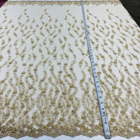 1 Yard Silver Beaded Lace Fabric Embroidered on Polyester Net Mesh 50 inch Width