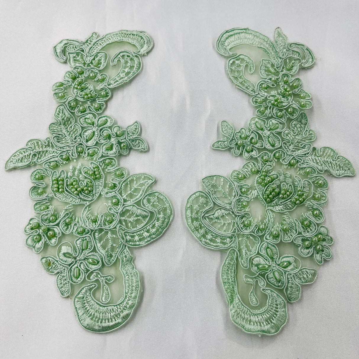 1 Pair 8.5" x 3.5" Each Side Beaded & Corded Floral Lace Applique 100% Polyester Organza