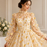 3D Butterflies Gold Lace Fabric Embroidered Applique by the Yard