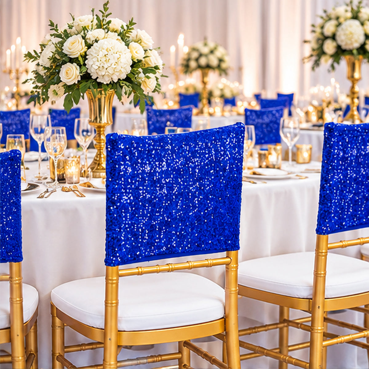 Royal Blue Sequin Spandex Chair Caps 220 GSM Shimmer Stretch