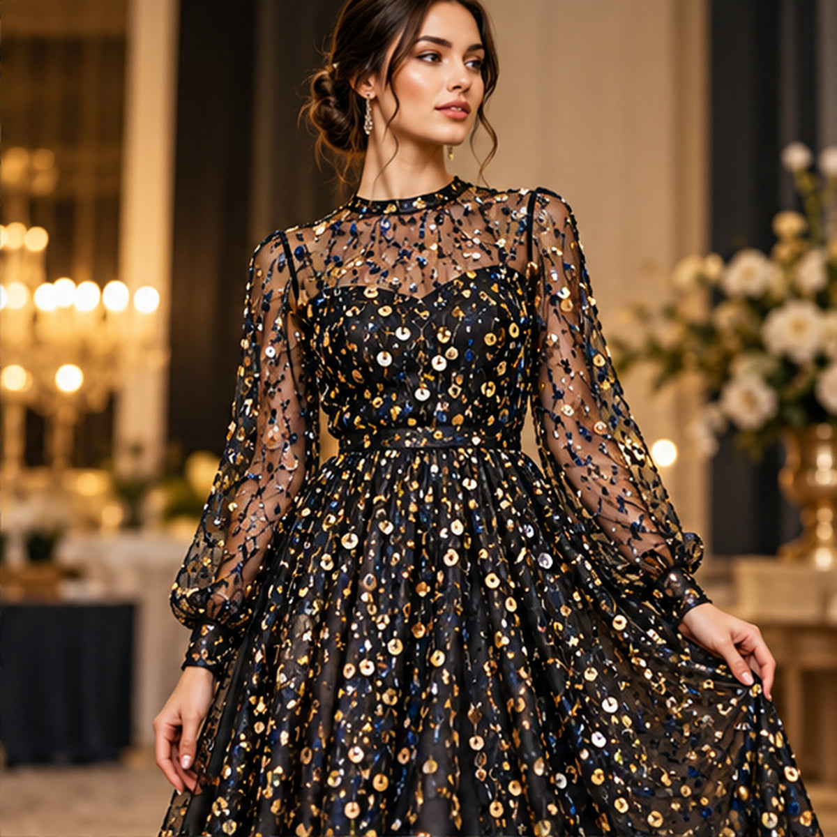 Sequined Lace Fabric Embroidered Black Chiffon Sheer by the Yard