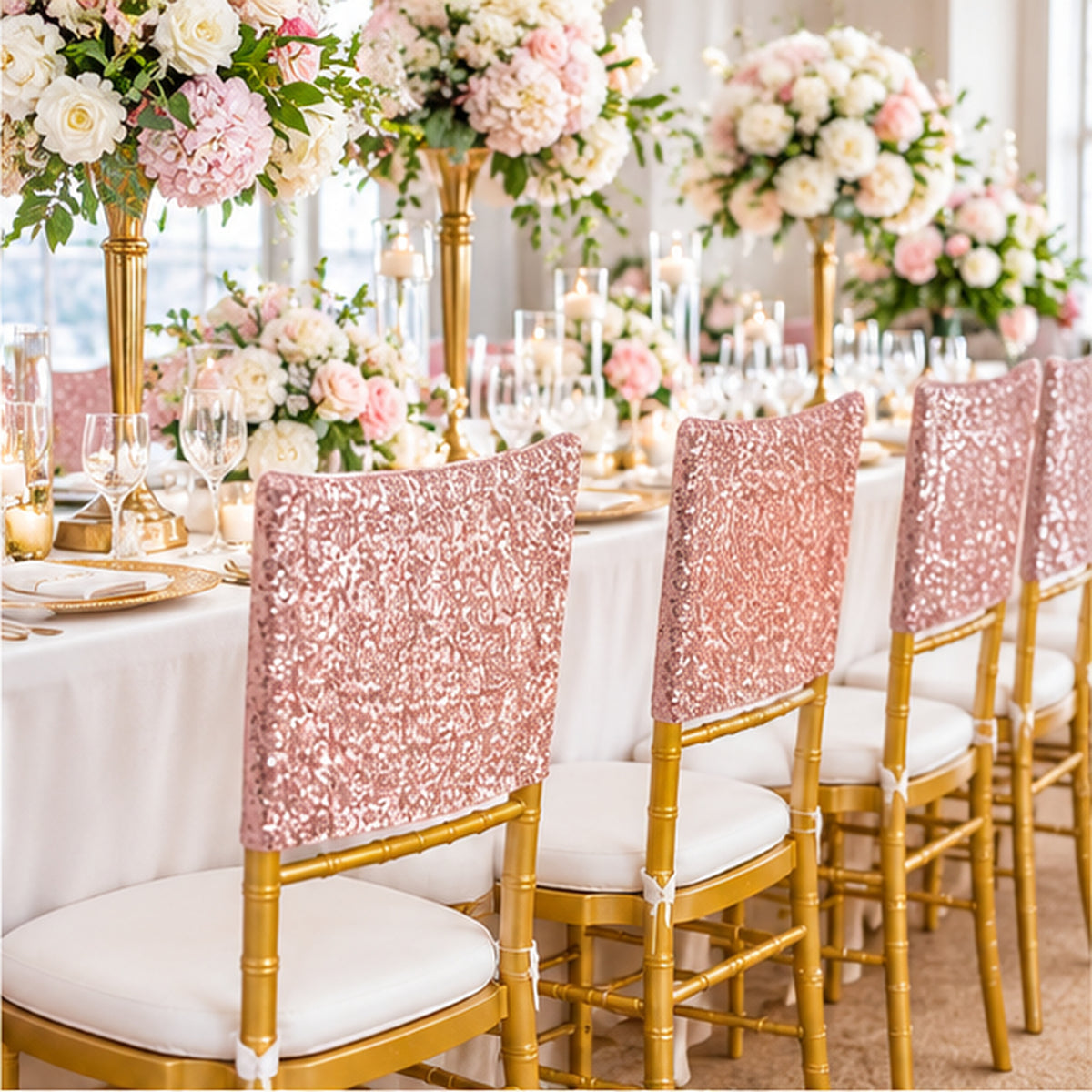 Blush Pink Rose Gold Sequin Spandex Chair Caps 220 GSM Stretch