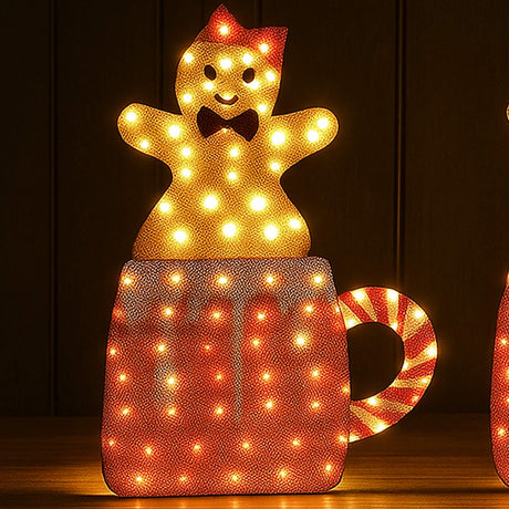 Set of Two Light Up Gingerbread Men in Holiday Mugs Christmas Decoration 40" & 42" Tall