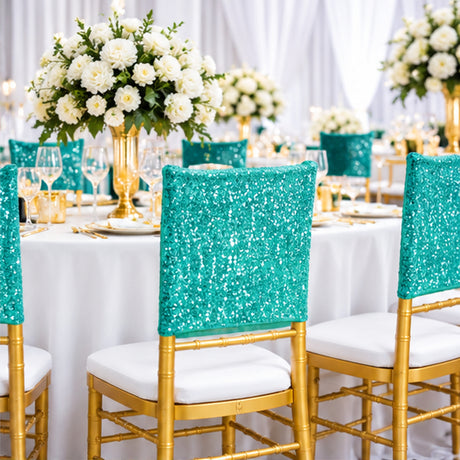 Turquoise Sequin Spandex Chair Caps 220 GSM Premium Stretch Fit