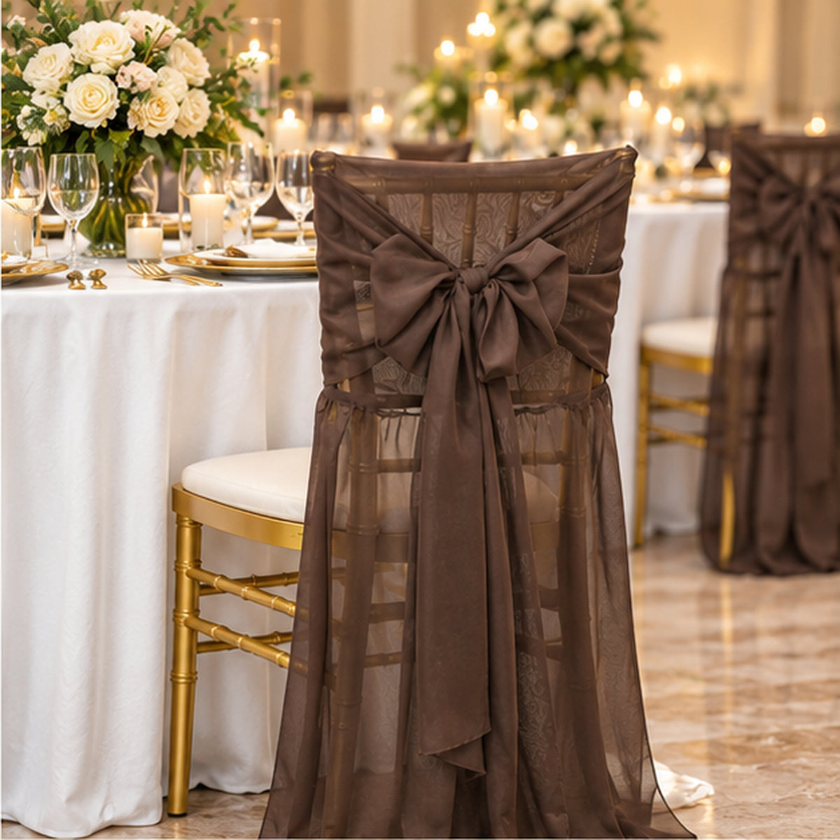Chocolate Brown Chiffon Chiavari Chair Cover With Sash Sheer