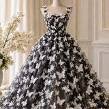 3D Butterflies White on Black Lace Fabric Embroidered by the Yard