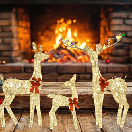 Prelit Outdoor Deer Family Trio with Iridescent PVC and Red Bows