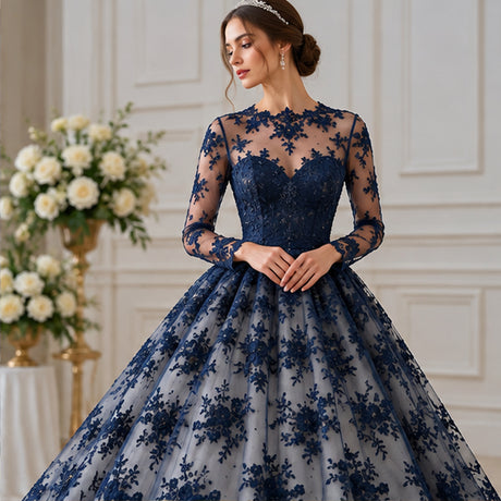 Embroidered Lace Fabric Navy Floral Polyester Net Mesh 54 Inch Wide