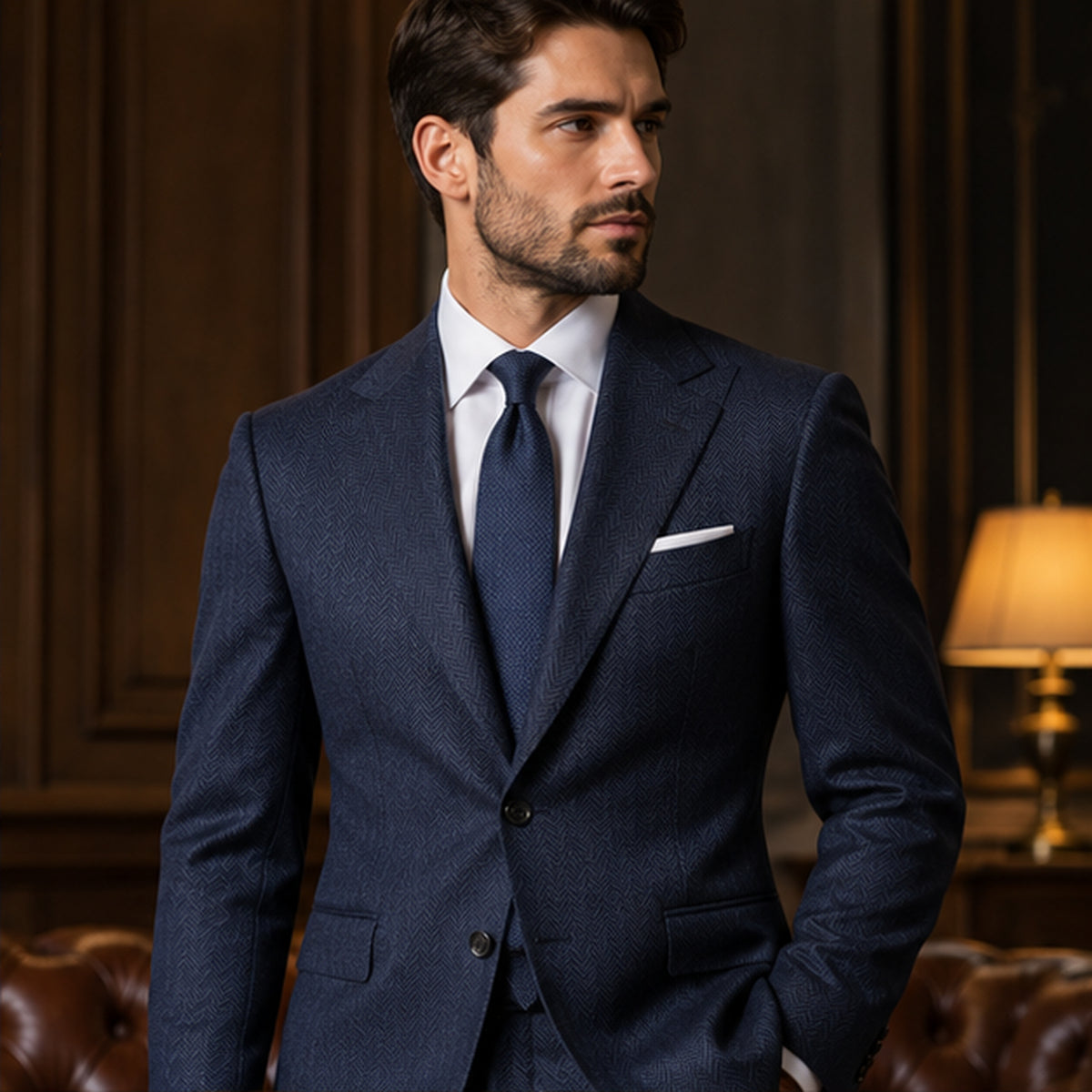 Navy Herringbone Merino Wool Fabric 58/60in Width by the Yard