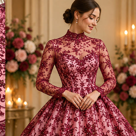 Wine Beaded Corded Bridal Fabric Lace Embroidered Polyester Organza