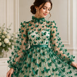 3D Butterflies Hunter Green Lace Fabric Embroidered by the Yard