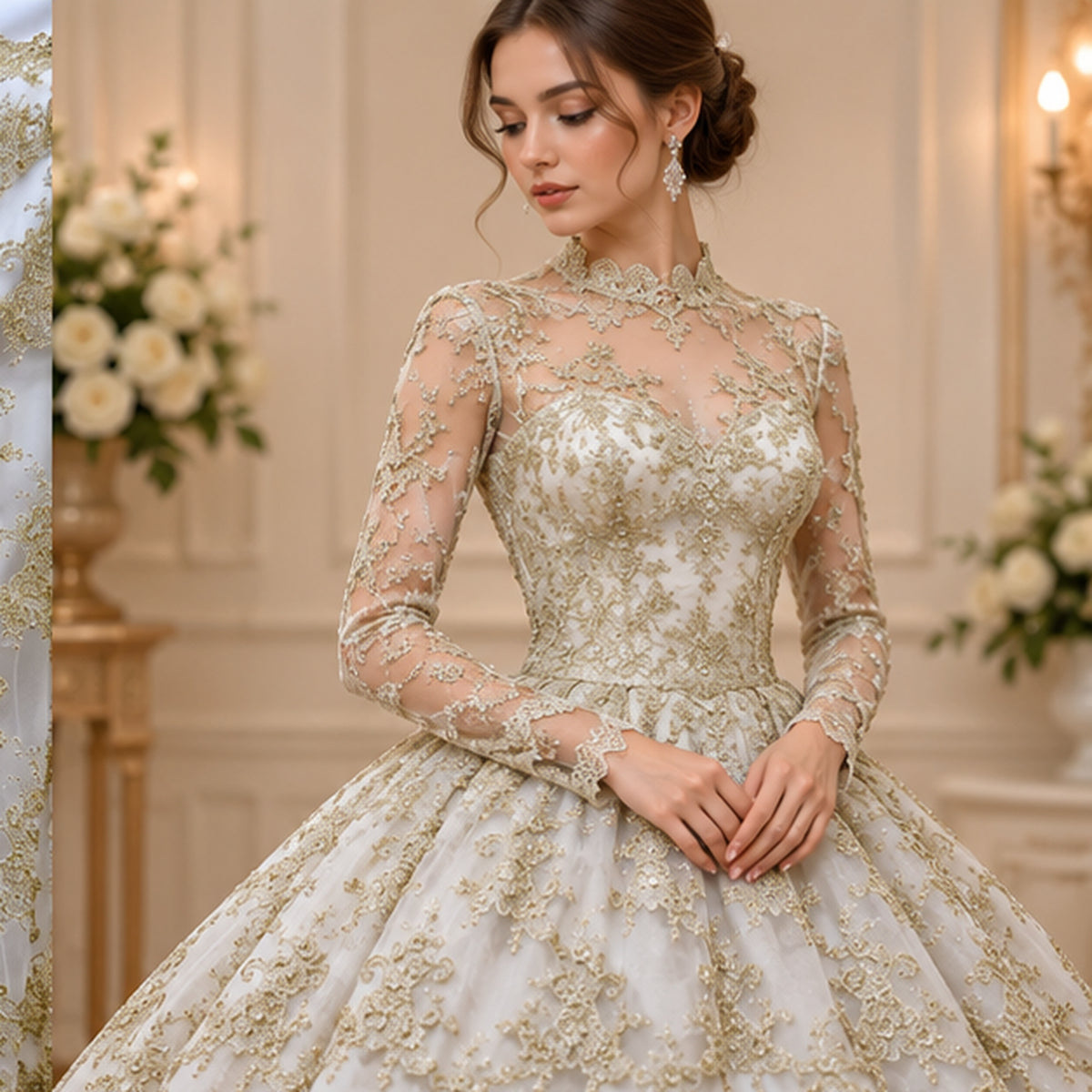 Corded Bridal Lace Fabric Embroidered Polyester Net Mesh 52 Inch