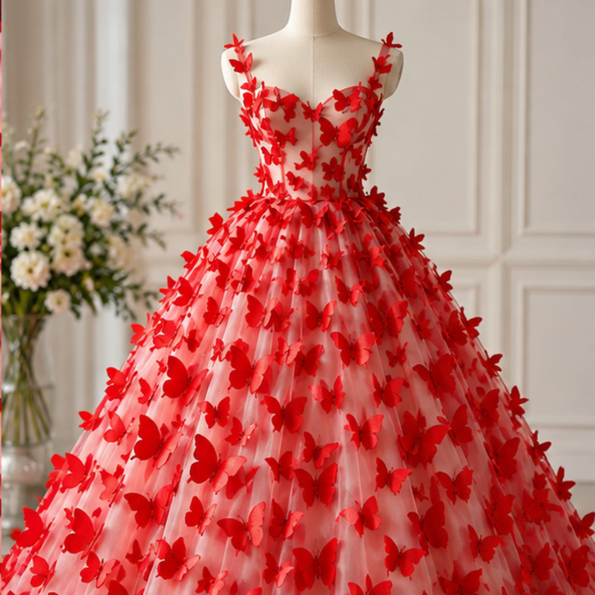 3D Butterflies Red Lace Fabric Embroidered Applique by the Yard