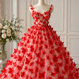 3D Butterflies Red Lace Fabric Embroidered Applique by the Yard
