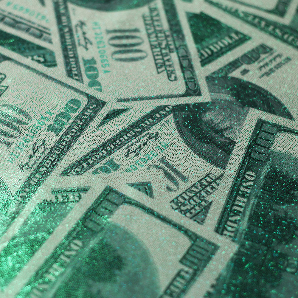 Benjamin Polyester Spandex Fabric - White/Green Money Print, 58/60" Width (1 Yard)
