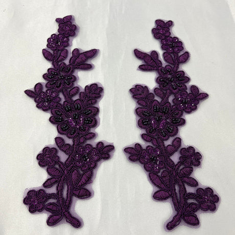 1 Pair Beaded & Corded Floral Lace Applique 10" x 2" Each Side
