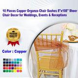 10 Pieces Copper Organza Chair Sashes 8"x108" Sheer Chair Decor for Weddings, Events & Receptions