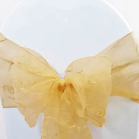 10 Pieces Gold Embroidered Organza Chair Sashes Elegant Sheer Chair Bows 8"x108"