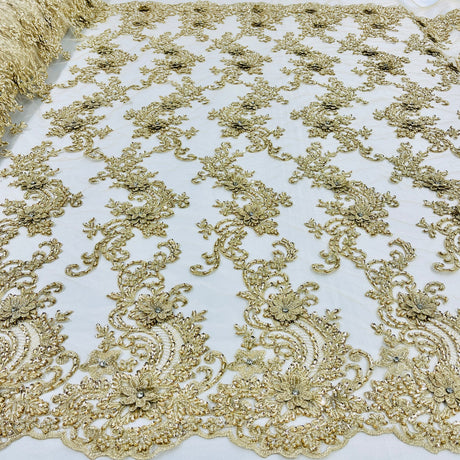 1 Yard Beaded 3D Floral Lace Fabric on Polyester Net Mesh, Dusty Rose, 52" Wide, Elegant Embroidered Lace Fabric