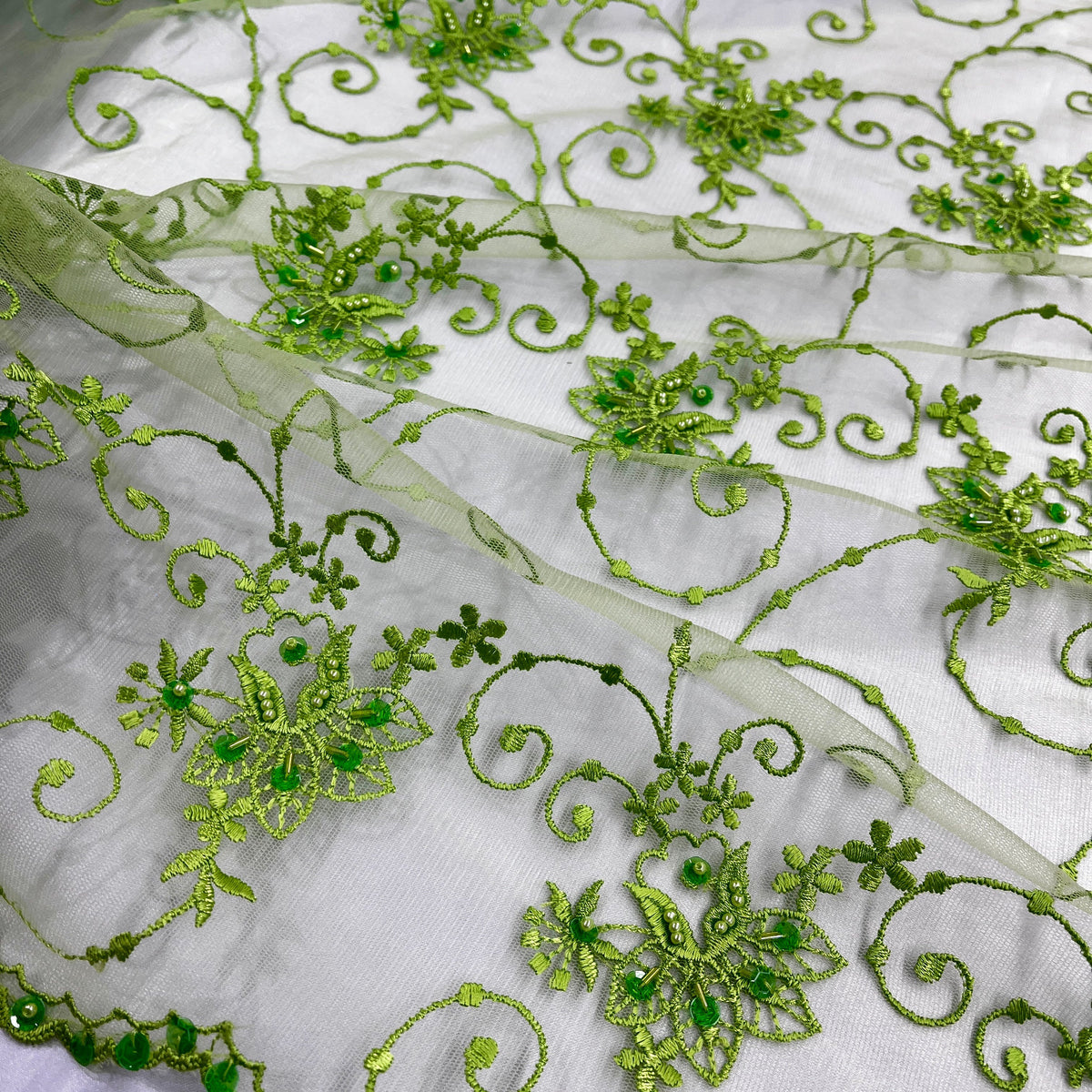 1 Yard Elegant Beaded Lace Fabric on 100% Polyester Mesh, Embroidered Floral Design for Gowns & Decor